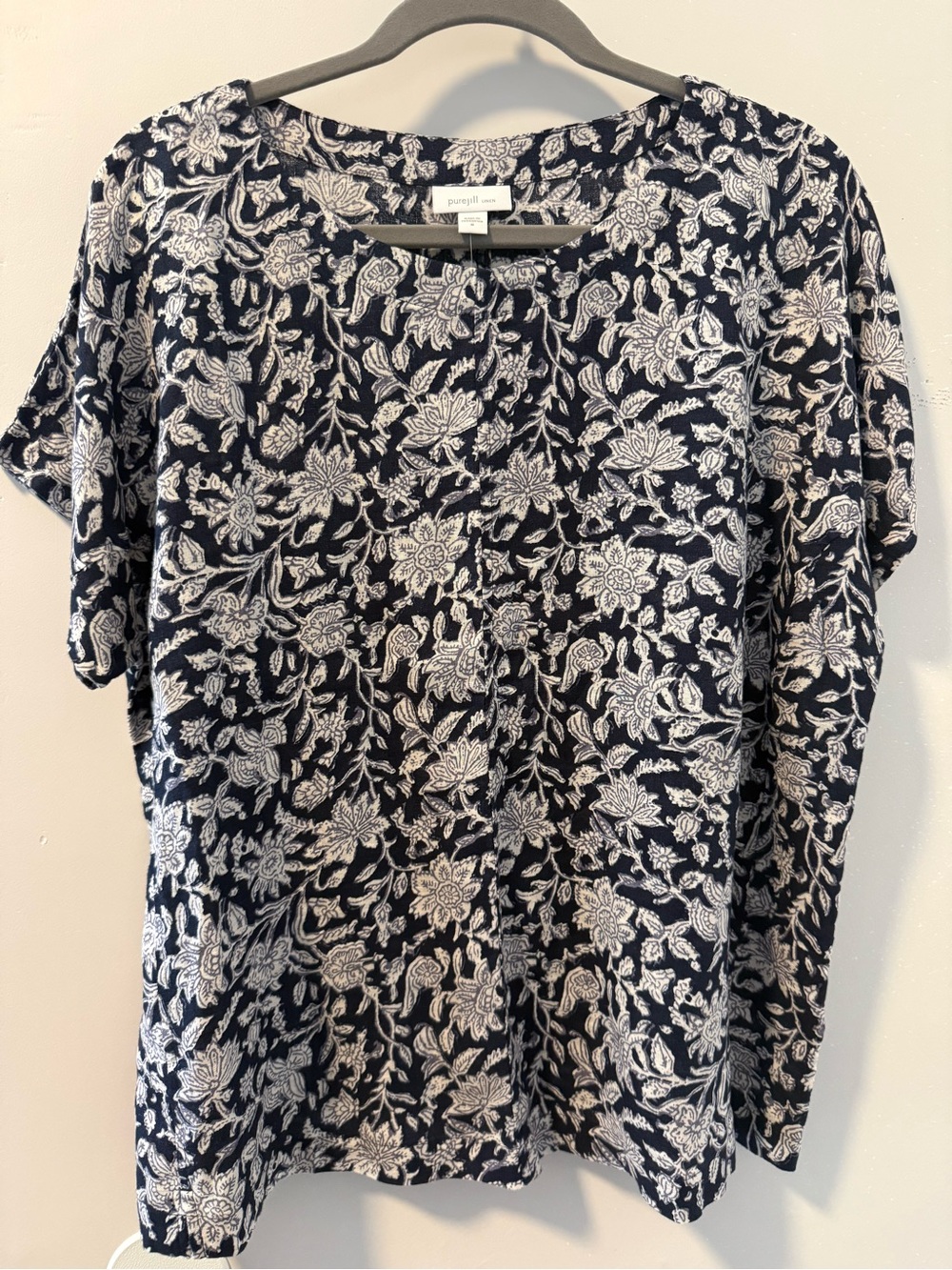 J.Jill purejill Linen Navy Floral Short-Sleeve Top Medium